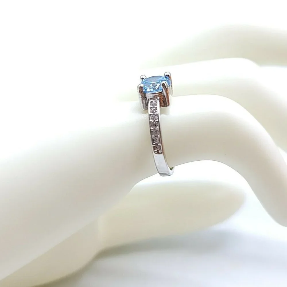 Silver Plated Blue Aquamarine Clear Rhinestone Cocktail Ring Size 5